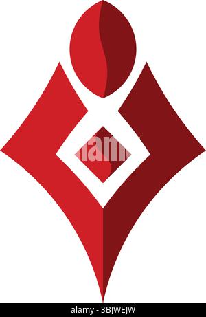 Ein auffälliges abstraktes Symbol mit einem symmetrischen roten, geometrischen Wappen-ähnlichen Design mit mehrschichtigen Schattierungen, die Tiefe und eine moderne Ästhetik schaffen, ideal für Stock Vektor