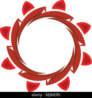 Ein kompliziertes abstraktes, symmetrisches kreisförmiges Design mit ineinandergreifenden roten und braunen Zahnradelementen mit äußeren stilisierten Blumenformen, Creat Stock Vektor
