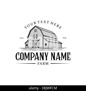 Vintage Monoline Scheune Logodesign mit Holzbau und Hausfarm auf weißem Hintergrund Stock Vektor