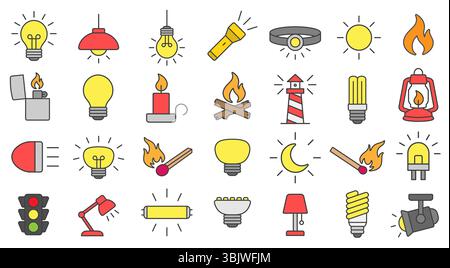 Symbolsatz für Lichtfarbe. Glühlampe, Lampe, Taschenlampe, LED, Laterne, Symbole für Spotlight, Lagerfeuer und Feuerzeug. Vektorabbildungsbild. Isolat Stock Vektor