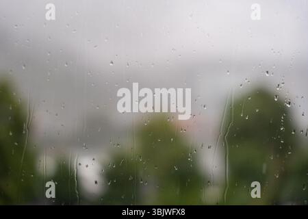 Regentropfen am Fenster mit verschwommenem Blick auf Bäume und bewölkten Himmel in Bergen, Norwegen. Stockfoto
