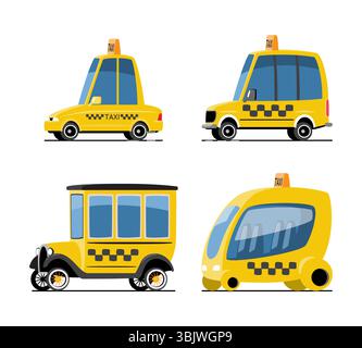 Taxi Auto Cartoon Illustration . Inklusive Limousine, Fließheck, klassischem und futuristischem modernen Stil. Flache Ausführung. Isolieren auf weißem Hintergrund. Vektor . Stock Vektor