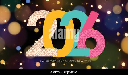 Happy New Year 2026 – farbenfrohes Clipart-Design. Neujahrsgruß und Wünsche mit 2026 Kalligraphie und Skript-Clip-Art in glänzendem Bokeh-Hintergrund Stock Vektor