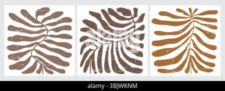 Einfache moderne Hand gezeichnete Vektor-Kunst mit braunen und beigen abstrakten Zweigen und Blättern auf einem beigen Hintergrund. Boho-Style-Muster. Minimalistische Blumenkunst Stock Vektor