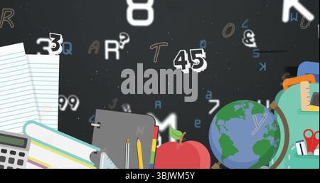 Schulbedarf unten im Vordergrund, mit Taschenrechner, rotem Apfel, Globus und Rucksack Stockfoto