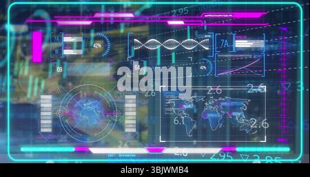 Anzeige holografischer Oberfläche mit Daten im Datenlabor mit Weltkarte, Globus-Scan und DNA-Helix Stockfoto