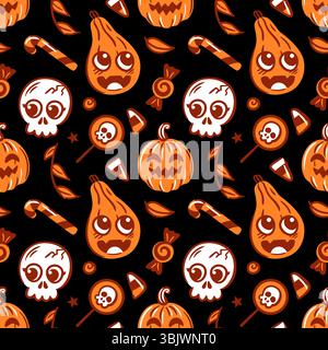 Nahtloses Muster mit niedlichen Kawaii-Schädeln, Kürbissen und Lutschen. Dieses bezaubernde Design kombiniert verspielte Elemente mit einer gruseligen Note, perfekt für Stock Vektor