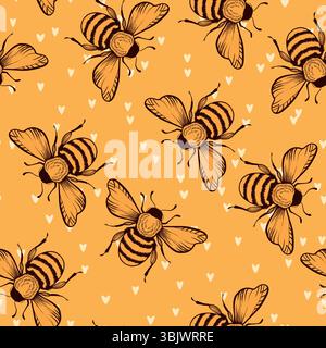 Nahtloses Muster mit Bienen. Kleine Wespe. Vektorabbildung. Design für Einladung, Karten, Textil, Stoff. Doodle-STYLE Stock Vektor