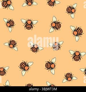 Nahtloses Muster mit Bienen. Kleine Wespe. Vektorabbildung. Design für Einladung, Karten, Textil, Stoff. Doodle-STYLE Stock Vektor