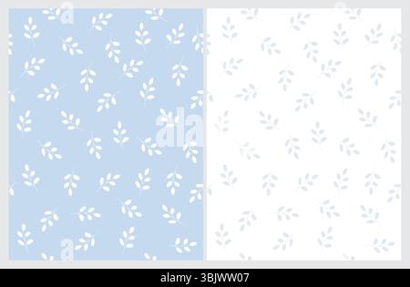 Zarte Hand Gezeichnete Blumen Nahtlose Vektormuster. Kleine Zweige und Blätter isoliert auf einem hellblauen und weißen Hintergrund. Blumenmuster Im Vintage-Stil. Stock Vektor