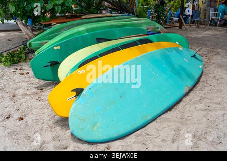 Am Strand stapeln sich mehrere Surfbretter. Die Surfbretter sind grün und gelb. Die Surfbretter werden nicht verwendet Stockfoto