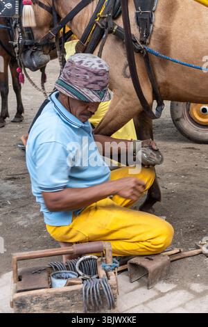 Gili, Lombok, Indonesien - 3. Januar 2025: Der Mensch arbeitet an einem Pferdehufe. Das Pferd ist an einen Wagen gebunden. Der Mann trägt ein gelbes Hemd und eine gelbe Pfanne Stockfoto