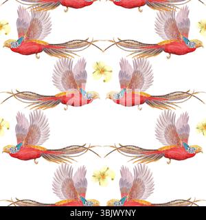 Fliegende tropische Vögel mit langen Schwänzen und weißen Blumen nahtlose Grenze in Aquarellfarben isoliert auf weiß. Handbemalt, perfekt für Hochzeitspapiere Stockfoto