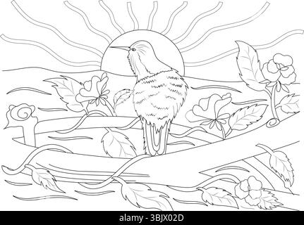 Schwarz-weiße Strichgrafik-Illustration, die einen Kolibri auf einem Zweig darstellt, umgeben von Blumen und Blättern, mit einem stilisierten Sonnenaufgang oder -Untergang Stock Vektor