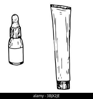 Creme in einer Tube und Kosmetiköl in einem Glas, Skizze mit schwarzer und weißer Tinte. Vektorabbildung. Körperpflegekosmetik für Frauen, isoliert auf einem weißen Hintergrund Stock Vektor