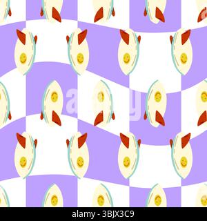 Nahtloses Muster mit Cartoon-Surfbrettern auf welligem lila und weißem Hintergrund. Flacher, farbenfroher Stil mit verspielter Sommeratmosphäre. Stock Vektor