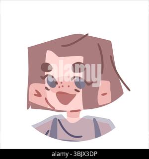 Cartoon-Avatar eines lächelnden Mädchens mit kurzen braunen Haaren und Sommersprossen. Flacher Vektor-Stil mit sanften rosa und lila Tönen, isoliert auf weißem Hintergrund. Stock Vektor