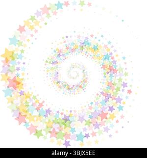 Abstrakte Vektorillustration von zufällig verstreuten bunten Sternen, festlichem Spiralwirbel, dynamischer Komposition mit Objekten, isoliert auf weißem Hintergrund Stock Vektor