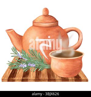 Teekanne mit Solar Plexus Chakra Symbol, Terrakotta Topf mit heißem Kräuteraufguss und Rosmarinstrauß auf Holztablett. Ayurveda, Yoga cl Stockfoto