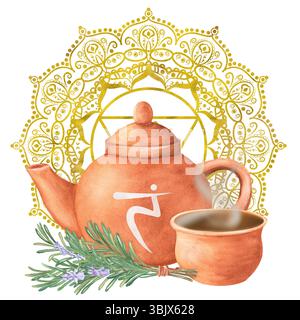 Wasserfarben-Terrakotta-Teekanne mit Solar Plexus Chakra-Symbol und einem Topf mit Kräuterinfusion zur Energiebilanz. Goldenes gelbes Mandala mit Manipura ch Stockfoto