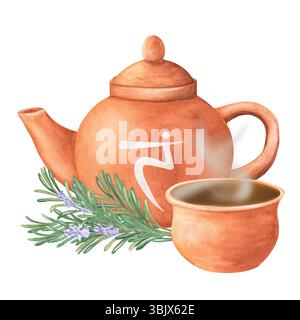 Teekanne aus Ton mit Solar Plexus Chakra-Symbol, Terrakotta-Topf mit heißem Kräuteraufguss und Rosmarinstrauß für den Energiehaushalt. Ayurveda, yog Stockfoto