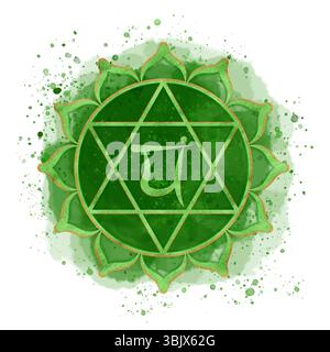 Goldenes grünes Symbol des Herzchakras Anahata auf Aquarellhintergrund mit Splatter und Sanskrit-Buchstaben in der Mitte. Energiebilanz. Handgezogene Illu Stockfoto