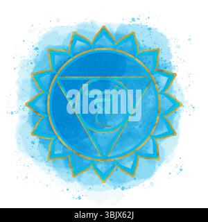 Goldenes Kehlchakra-Vishuddha-Symbol auf blauem Aquarellhintergrund und Splatter-Sanskrit-Buchstaben in der Mitte. Energiesparendes Clipart. Handgezogenes Öl Stockfoto