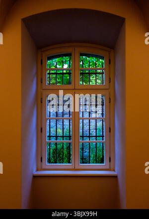 Ein Fenster mit Gittern, mit Blick auf einen Garten. Stockfoto
