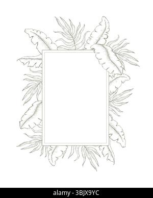 Handgezeichnete Vektorkarte Im Vintage-Stil Mit Blumenmuster. Tropische Blätter Mit Rahmen Und Kopierraum. Blassgrüne Dschungel-Blätter-Illustration auf weißem Hintergrund. Stock Vektor