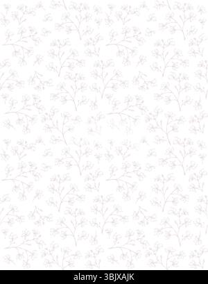 Niedliches Hand Gezeichnetes Nahtloses Blumenmuster. Hellgraue blühende Zweige isoliert auf weißem Hintergrund. Weißgraue Blumentapete. Stock Vektor