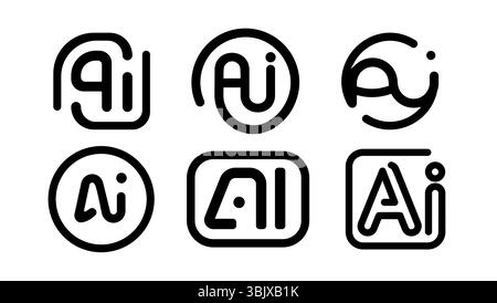 AI-Logo-Design-Vorlage im schwarzen Stil. Kontursymbole Für Künstliche Intelligenz. Moderner Logotyp Für Digitale Automatisation Tech Branding, Startup Stock Vektor