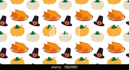 Freihändige mehrfarbige Kürbisse Pilgermütze und gebratener Truthahn auf Teller nahtloses Muster Thanksgiving. Isolierte Vektor-Illustration Herbst Gruß Thematische Karten, Party Einladungen oder Banner, Faltblätter, Tags Stock Vektor