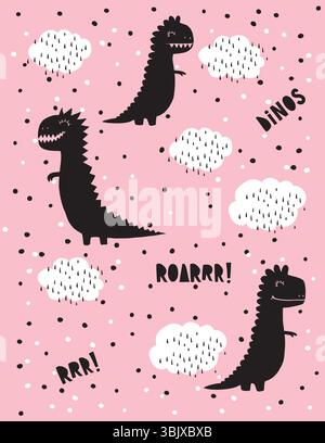 Lustige abstrakte Dinosaurier-Vektor-Illustration von schwarzen Dinos unter weißen Wolken isoliert auf einem rosa Hintergrund. Niedliche Karte Mit Schwarzen Dinosauriern. Stock Vektor
