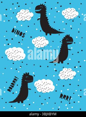 Lustige abstrakte Dinosaurier-Vektor-Illustration von schwarzen Dinos unter weißen Wolken isoliert auf einem blauen Hintergrund. Niedliche Karte Mit Schwarzen Dinosauriern. Stock Vektor
