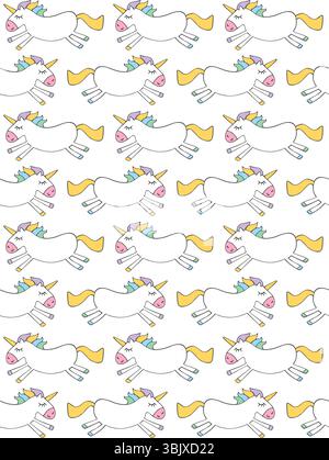 Lustige weiße Einhörner mit weißem Hintergrund. Einhörner in Regenbogenfarben Hufe und Mähne. Niedliches Handgezeichnetes Nahtloses Vectorn-Muster Mit Einhorn. Stock Vektor