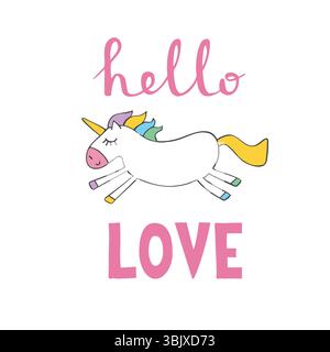 Hallo, Liebe Liebe. Niedliches Weißes Einhorn. Vektor-Illustration mit rosafarbenen handgeschriebenen Buchstaben und glücklichem Einhorn auf Einem weißen Hintergrund.Kindergarten-Kunst mit magischem Pferd. Stock Vektor