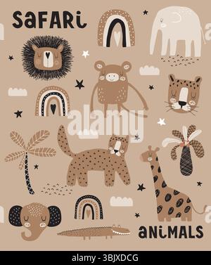 Lustige Vektor-Illustration Von Safari-Tieren. Handgezeichnet niedlicher Löwe, Tiger, Elefant, Giraffe, Aligator und Affe auf braunem Hintergrund. Stock Vektor