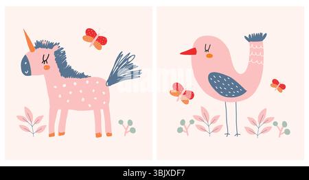 Nette Hand gezeichnete Kinderzimmer Vektor-Illustration des lustigen rosafarbenen Einhorns und des traumhaften Vogels auf einem Creme-Hintergrund. Kindliche Kunst für Kinder Zimmerdekoration. Stock Vektor