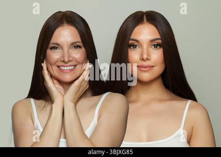 Lächelnde junge Model-Frau und reife Frau. Collage-Set mit zwei weiblichen Gesichtern. Altes und junges Gesicht Stockfoto