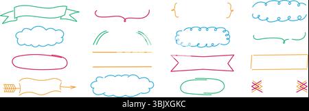 Handgezeichnetes farbenfrohes Dekorrahmen und Trennwände. Sammlung von Rändern im Doodle-Stil, Pfeilen, geschweiften Klammern, Bannern und Wolken. Ideal für Stock Vektor