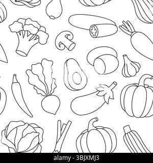 Konturmuster für Gemüse. Vegetarische Naturkost. Design-Vorlage für Gemüse für Lebensmittelmarkt, E-Commerce, Produktwerbung. Stock Vektor