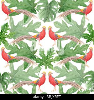 Goldener Fasan und tropische Blätter nahtloses Aquarellmuster isoliert auf weiß. Handgezeichnetes Clipart, perfekt für Karten, Poster, Aufkleber, Bücher Stockfoto