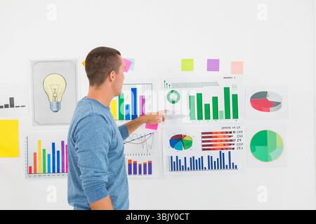 Ein Mann zeigt auf ein grünes Balkendiagramm an der weißen Bürowand mit Diagrammen und Haftnotizen Stockfoto