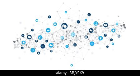 Eine konzeptionelle Vektorgrafik, die ein komplexes Netzwerk aus miteinander verbundenen Knoten und verschiedenen Symbolen darstellt, die das Internet der Dinge (IoT), Globa, darstellen Stock Vektor