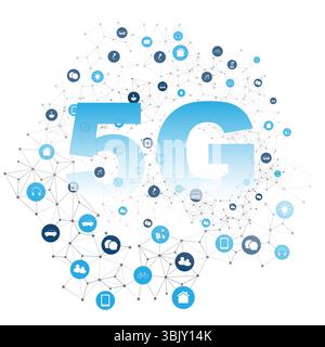 Abbildung: 5G-Technologie für drahtlose Netzwerke und das Internet der Dinge, mit einem polygonalen Netzwerk aus verbundenen intelligenten Geräten und Symbolen für die Mobilität Stock Vektor
