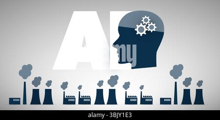 Konzeptuelles Bild, das den hohen Energiebedarf von KI zeigt. Ein Kopf mit Zahnrädern schwebt über umweltschädlichen Fabriken und warnt vor den Umweltkosten von Kraftwerken Stock Vektor