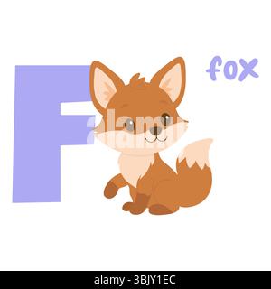 Der niedliche Fuchs sitzt neben dem großen Buchstaben F in sanften Farben für Alphabet-Lernaktivitäten. Stock Vektor
