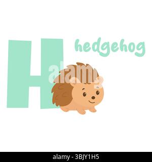 Süßer kleiner Igel, der in der Nähe des großen grünen Buchstaben h sitzt, perfekt für frühes Lernen und Vorschulmaterial Stock Vektor
