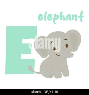 Niedlicher Elefant, der neben dem großen Buchstaben E in Pastellfarben sitzt, damit Kinder lernen können. Stock Vektor