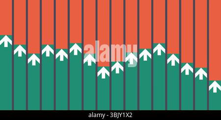 Moderne abstrakte Grafik mit vertikalen roten und grünen Balken und weißen Pfeilen, die Aufwärts- und Abwärtsbewegungen zeigen, die den wirtschaftlichen Niedergang oder das Scheitern symbolisieren Stock Vektor